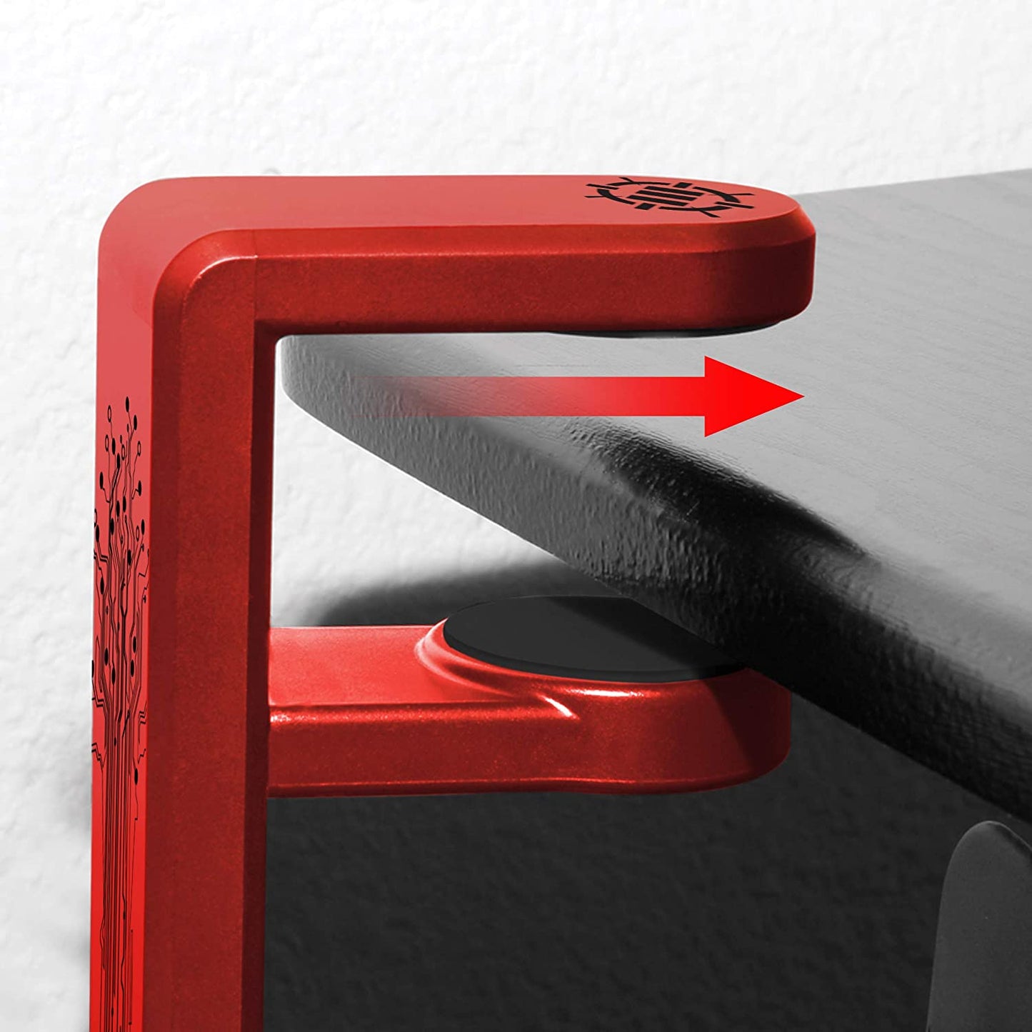 PC Gaming Headphone Holder - Desk Headphone Hanger Esports Headset Holder with Adjustable 360 Rotation, under Desk Hook Clamp, Universal Fit - Built in Cable Clip Organizer - Red