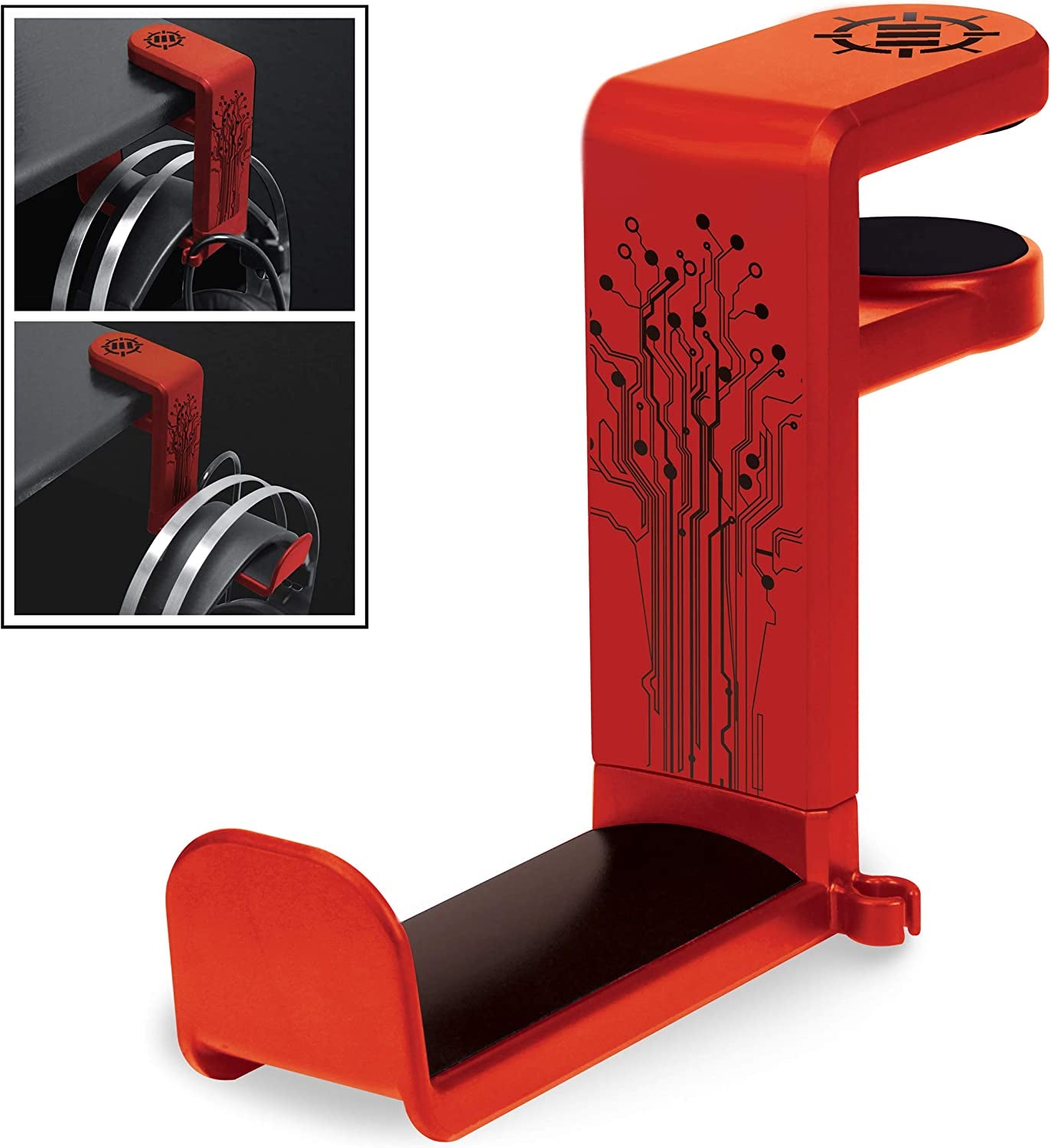 PC Gaming Headphone Holder - Desk Headphone Hanger Esports Headset Holder with Adjustable 360 Rotation, under Desk Hook Clamp, Universal Fit - Built in Cable Clip Organizer - Red